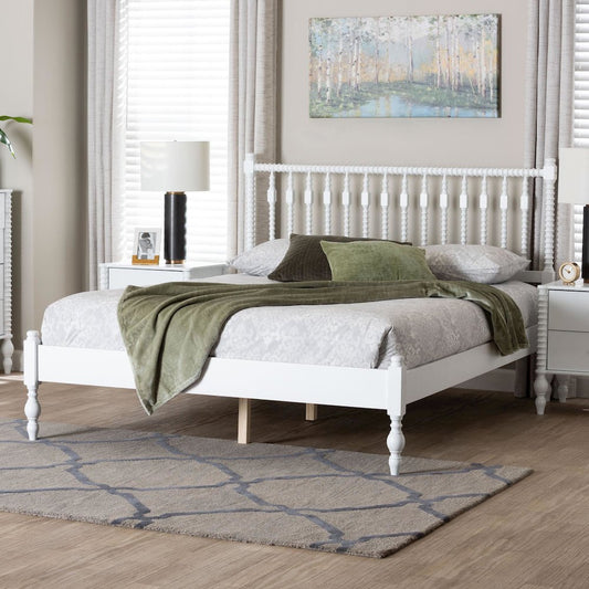 Platform Bed - Turned Bed Frame with Headboard and Sculpted Legs, White, Full