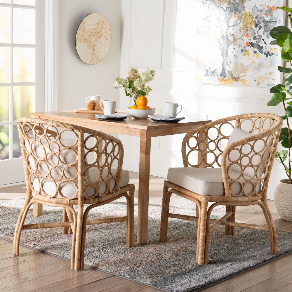 Natural Rattan 2-Piece Dining Chair Set with Bubble Frame, Wicker Accent Chair