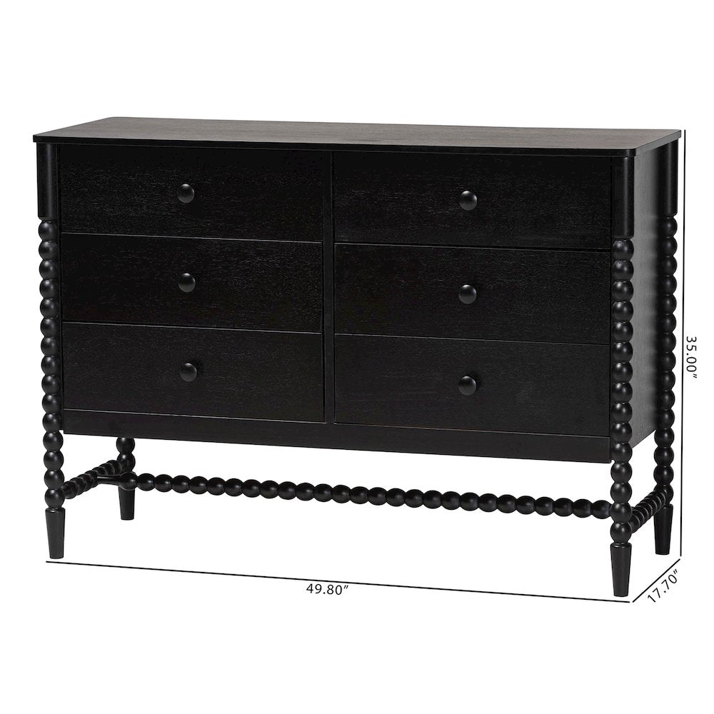 6-Drawer Storage Cabinet with Beaded Frame and Elevated Base for Bedroom, Black