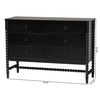 6-Drawer Storage Cabinet with Beaded Frame and Elevated Base for Bedroom, Black