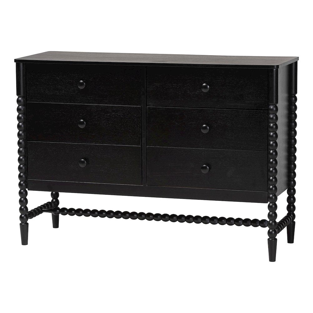 6-Drawer Storage Cabinet with Beaded Frame and Elevated Base for Bedroom, Black