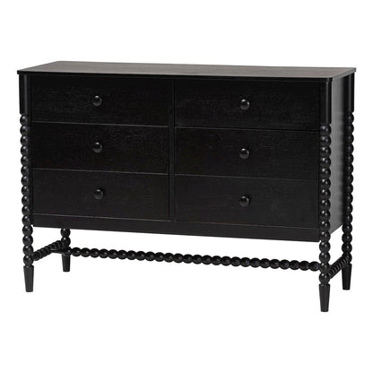 6-Drawer Storage Cabinet with Beaded Frame and Elevated Base for Bedroom, Black