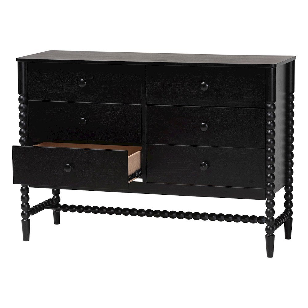 6-Drawer Storage Cabinet with Beaded Frame and Elevated Base for Bedroom, Black