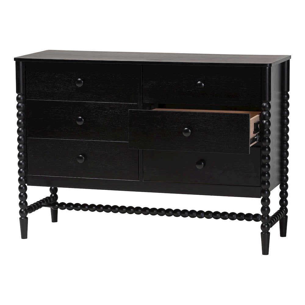 6-Drawer Storage Cabinet with Beaded Frame and Elevated Base for Bedroom, Black