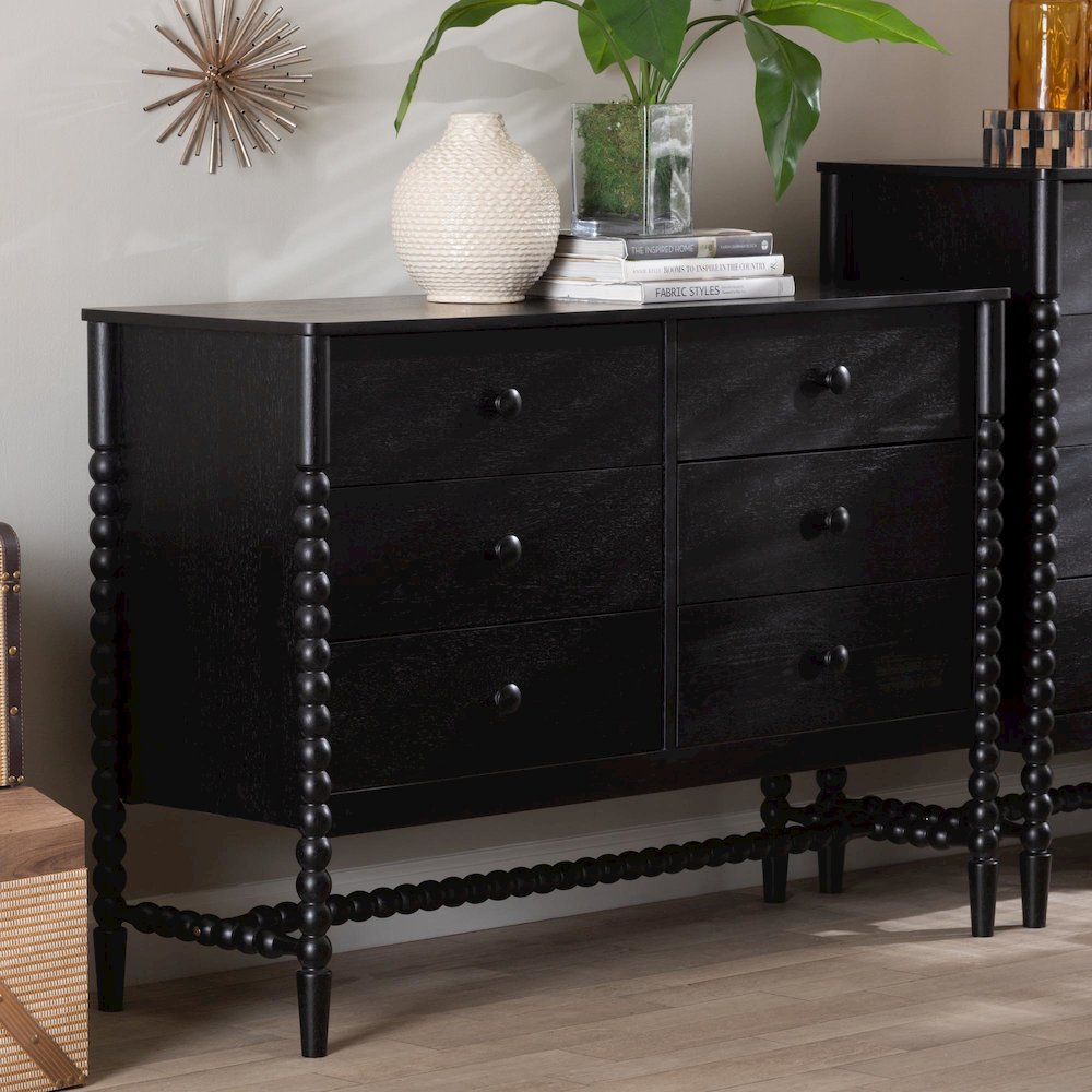6-Drawer Storage Cabinet with Beaded Frame and Elevated Base for Bedroom, Black