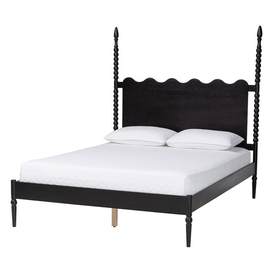 Platform Bed Frame with Scalloped Headboard and Turned Posts, Black, Queen