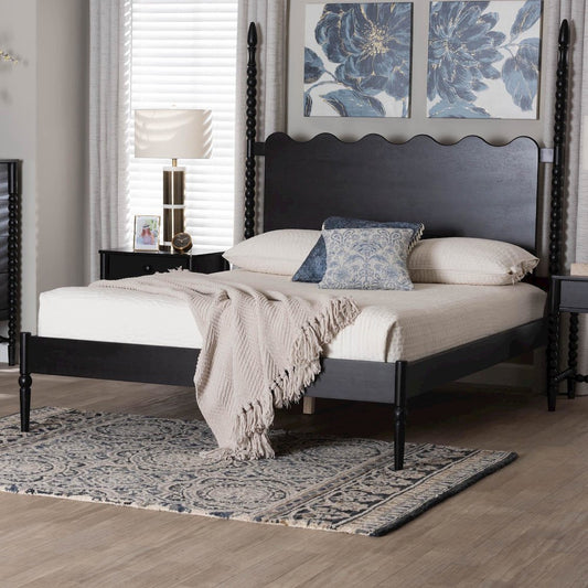 Platform Bed Frame with Scalloped Headboard and Turned Posts, Black, Queen