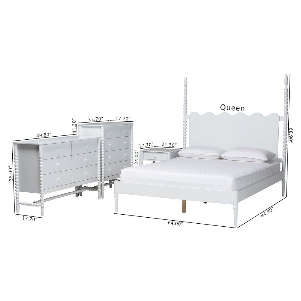 4-Piece Bedroom Set, Bed Frame with Dresser, Chest, and Nightstand, White, Queen
