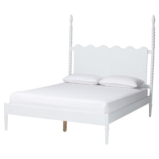 Platform Bed Frame with Scalloped Headboard and Turned Posts, White, Queen