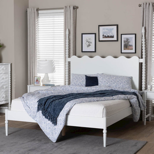 Platform Bed Frame with Scalloped Headboard and Turned Posts, White, Queen