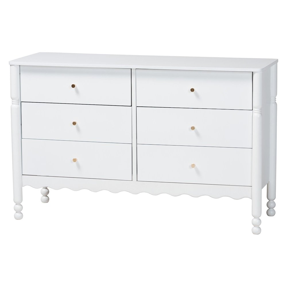 6-Drawer Storage Cabinet with Scalloped Apron and Turned Legs for Bedroom, White