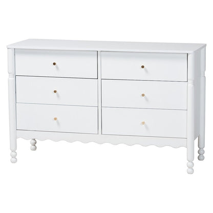 6-Drawer Storage Cabinet with Scalloped Apron and Turned Legs for Bedroom, White