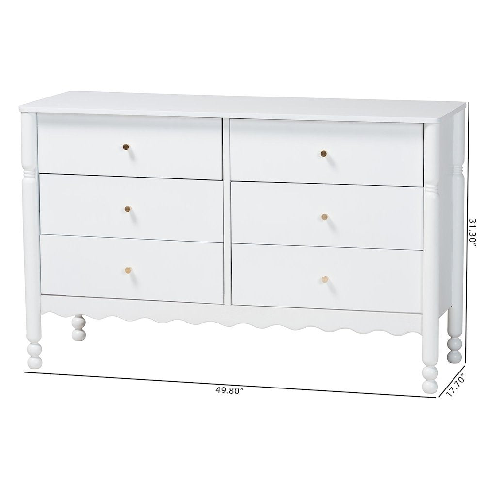 6-Drawer Storage Cabinet with Scalloped Apron and Turned Legs for Bedroom, White