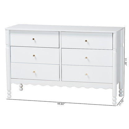 6-Drawer Storage Cabinet with Scalloped Apron and Turned Legs for Bedroom, White