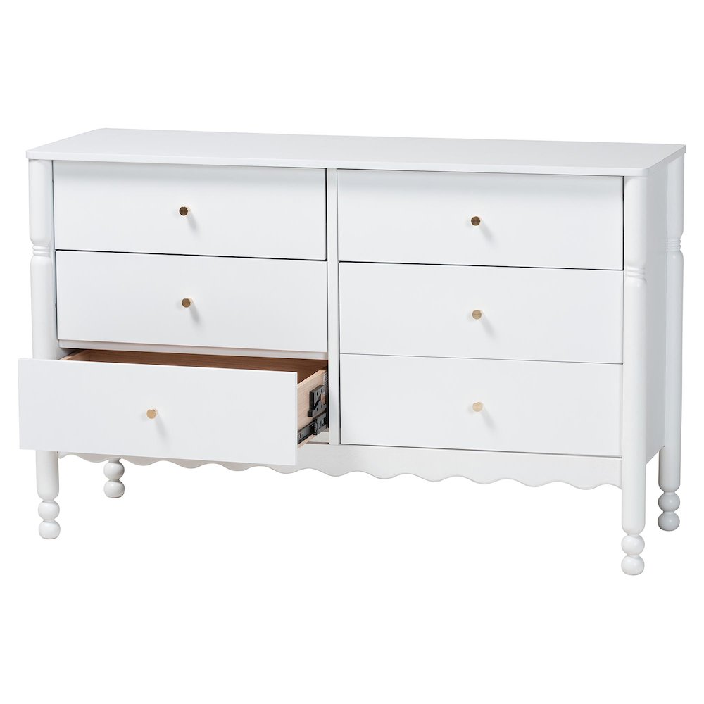 6-Drawer Storage Cabinet with Scalloped Apron and Turned Legs for Bedroom, White