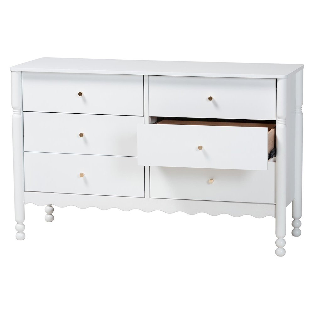 6-Drawer Storage Cabinet with Scalloped Apron and Turned Legs for Bedroom, White
