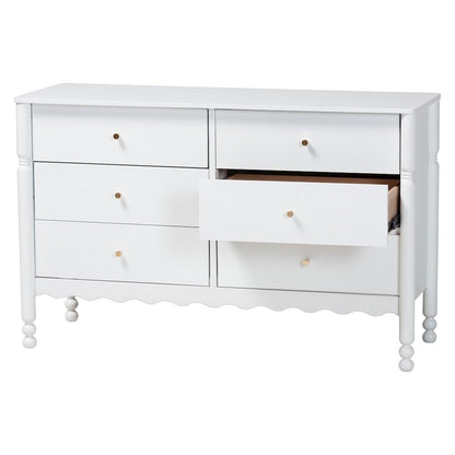 6-Drawer Storage Cabinet with Scalloped Apron and Turned Legs for Bedroom, White