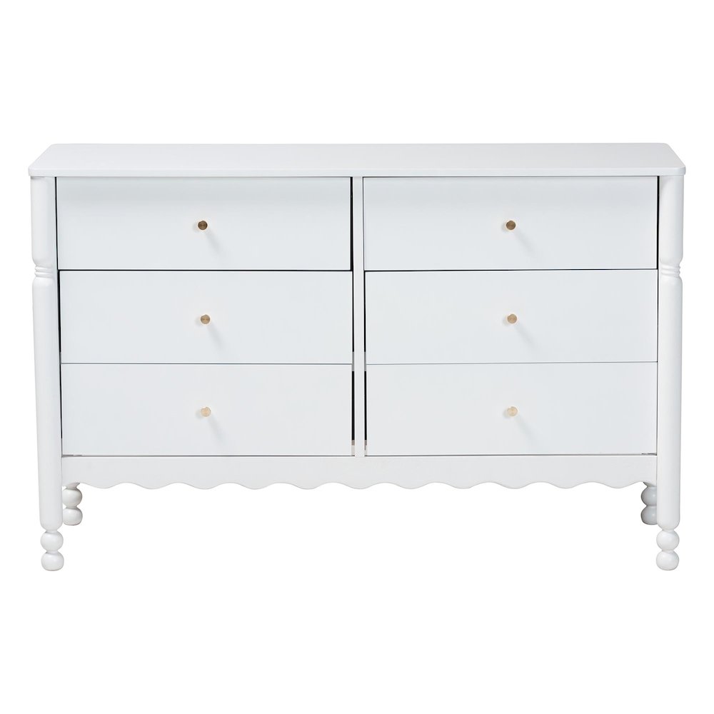 6-Drawer Storage Cabinet with Scalloped Apron and Turned Legs for Bedroom, White