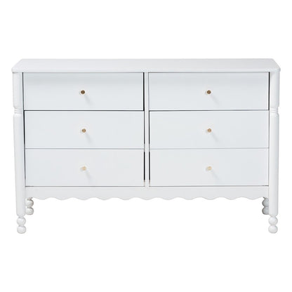 6-Drawer Storage Cabinet with Scalloped Apron and Turned Legs for Bedroom, White