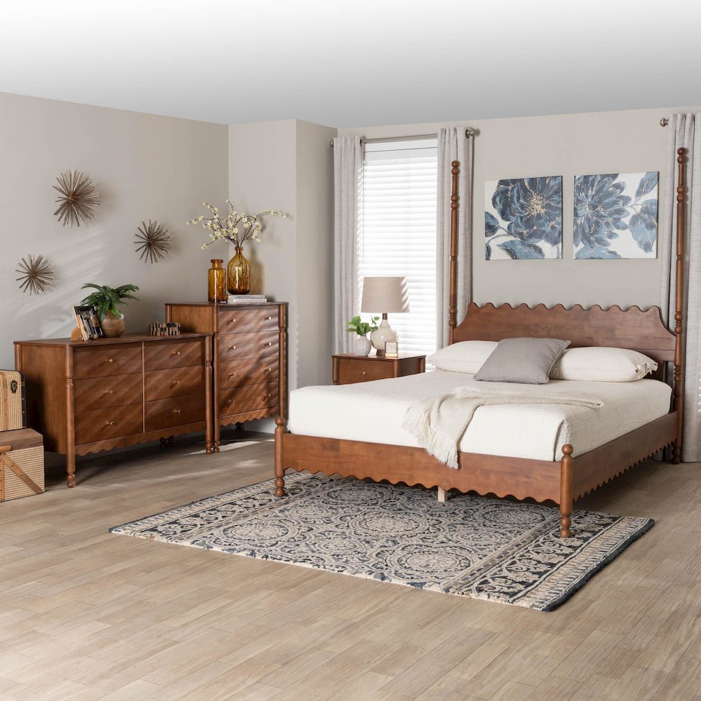 4-Piece Bedroom Set, Bed Frame, Dresser, Chest, Nightstand, Walnut Brown, Queen