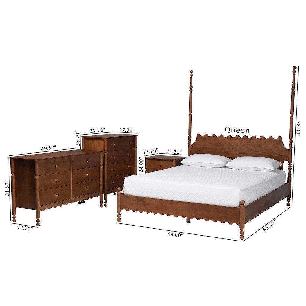 4-Piece Bedroom Set, Bed Frame, Dresser, Chest, Nightstand, Walnut Brown, Queen