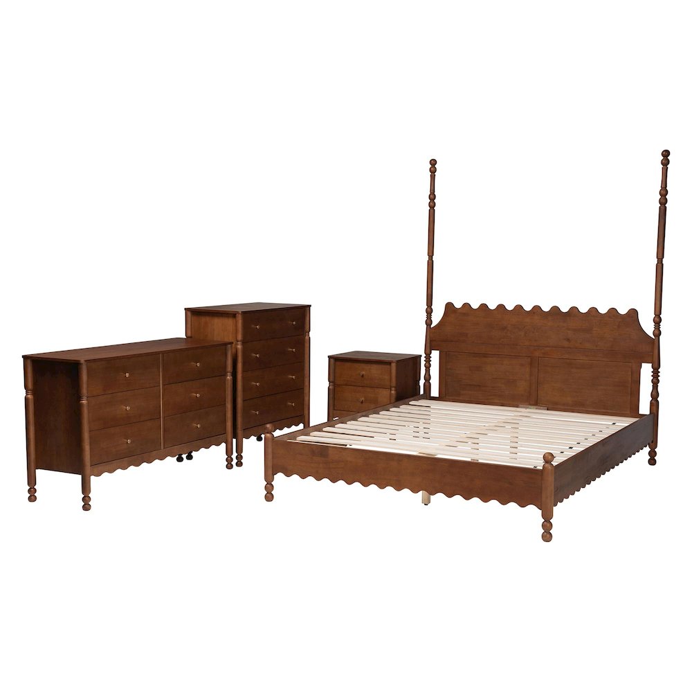 4-Piece Bedroom Set, Bed Frame, Dresser, Chest, Nightstand, Walnut Brown, Queen