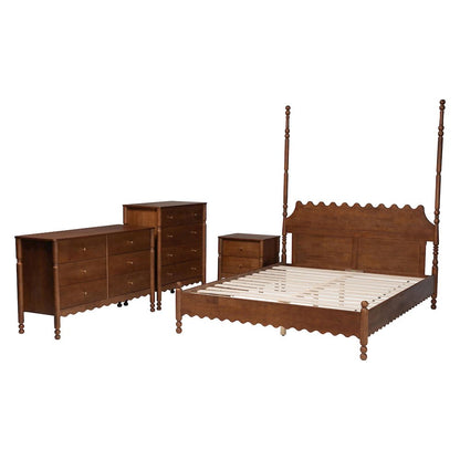 4-Piece Bedroom Set, Bed Frame, Dresser, Chest, Nightstand, Walnut Brown, Queen