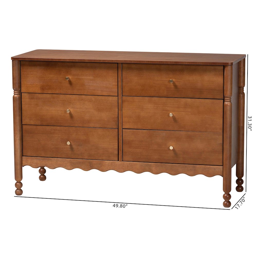 6-Drawer Storage Cabinet with Scalloped Apron and Turned Legs, Walnut Brown