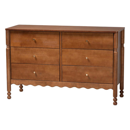 6-Drawer Storage Cabinet with Scalloped Apron and Turned Legs, Walnut Brown