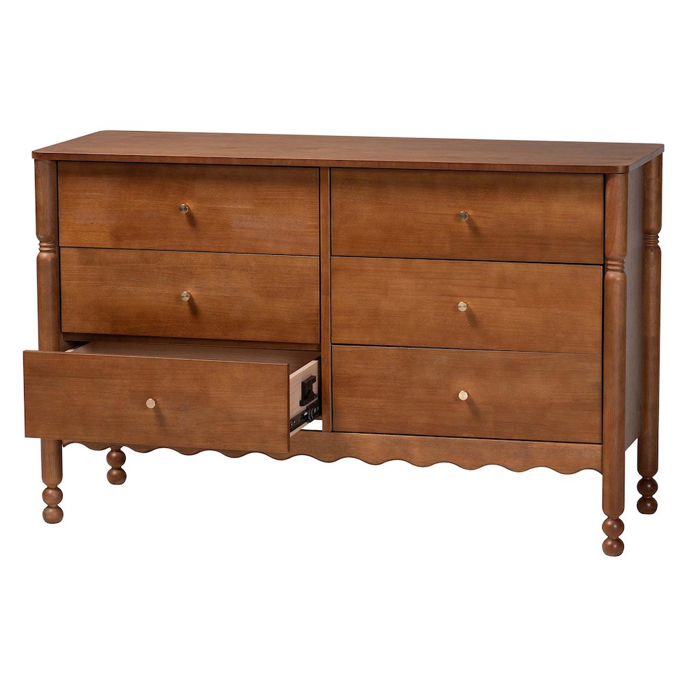 6-Drawer Storage Cabinet with Scalloped Apron and Turned Legs, Walnut Brown
