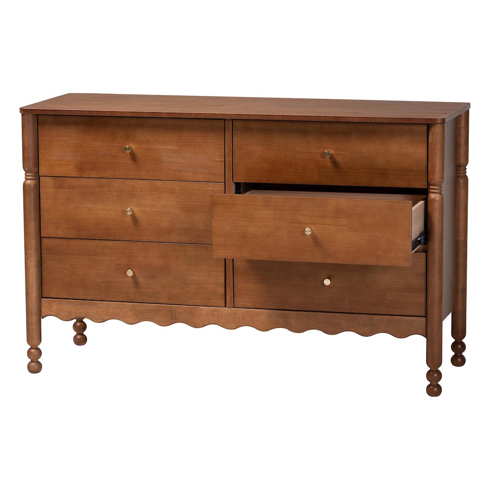 6-Drawer Storage Cabinet with Scalloped Apron and Turned Legs, Walnut Brown