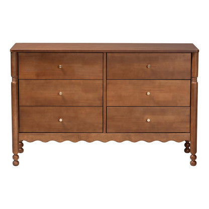 6-Drawer Storage Cabinet with Scalloped Apron and Turned Legs, Walnut Brown