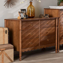 6-Drawer Storage Cabinet with Scalloped Apron and Turned Legs, Walnut Brown
