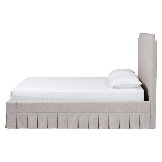 Platform Bed with Pleated Skirt, Upholstered Bed Frame, Panel Headboard, Queen