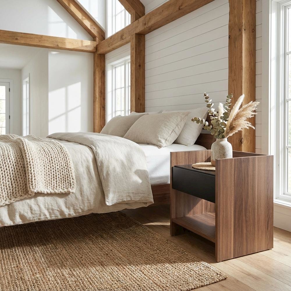 Contemporary Walnut and Black Nightstand with Wood Finish and Single Drawer