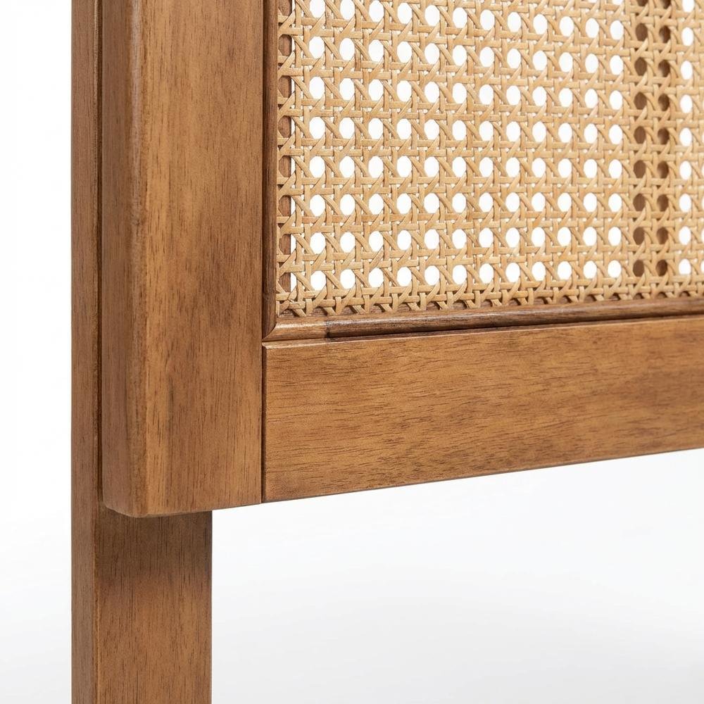 Brown Ash Walnut Finished Wood Headboard, Synthetic Rattan Frame, Mid-Century
