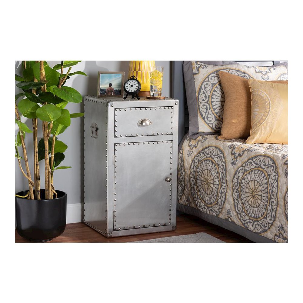 Baxton Studio Serge French Industrial Silver Metal 1-Door Accent Storage Cabinet
