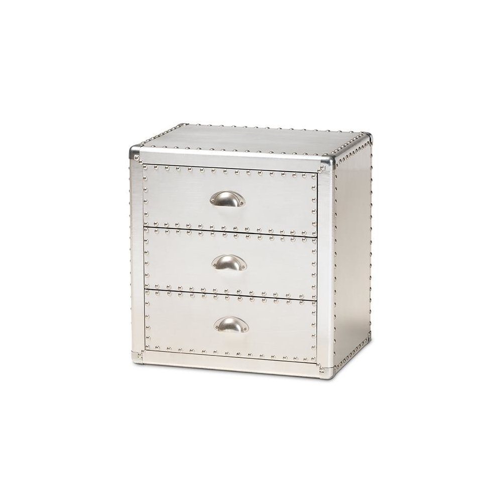 Baxton Studio Armel French Industrial Silver Metal 3-Drawer Nightstand