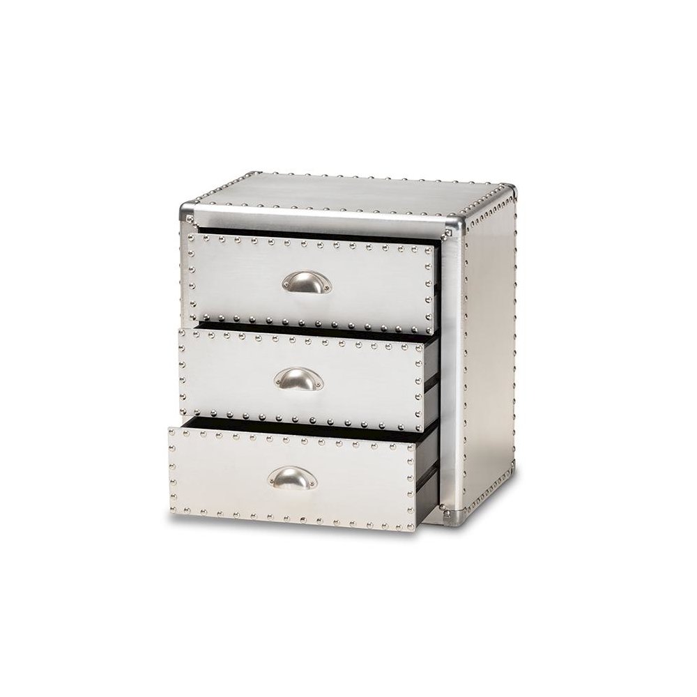 Baxton Studio Armel French Industrial Silver Metal 3-Drawer Nightstand
