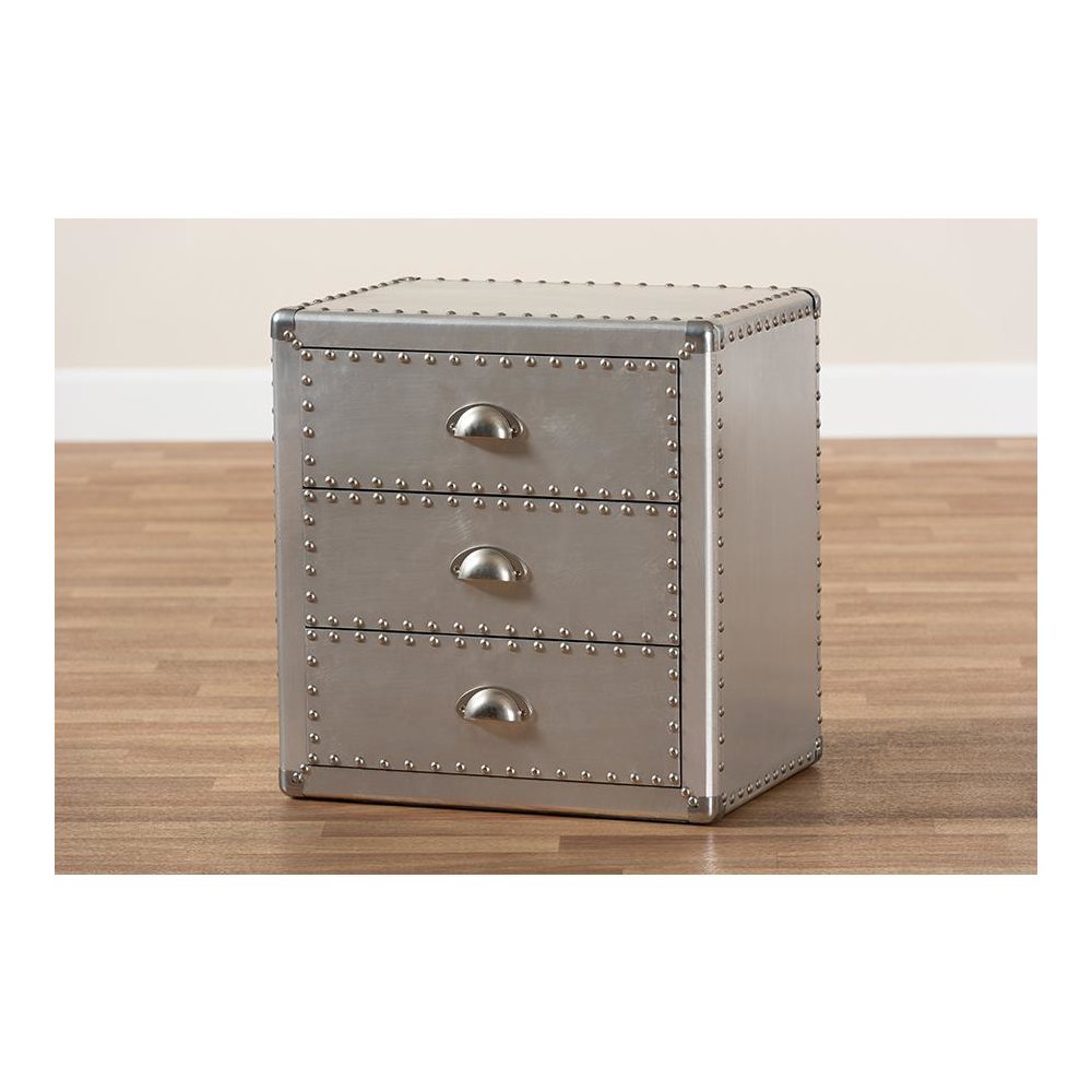 Baxton Studio Armel French Industrial Silver Metal 3-Drawer Nightstand
