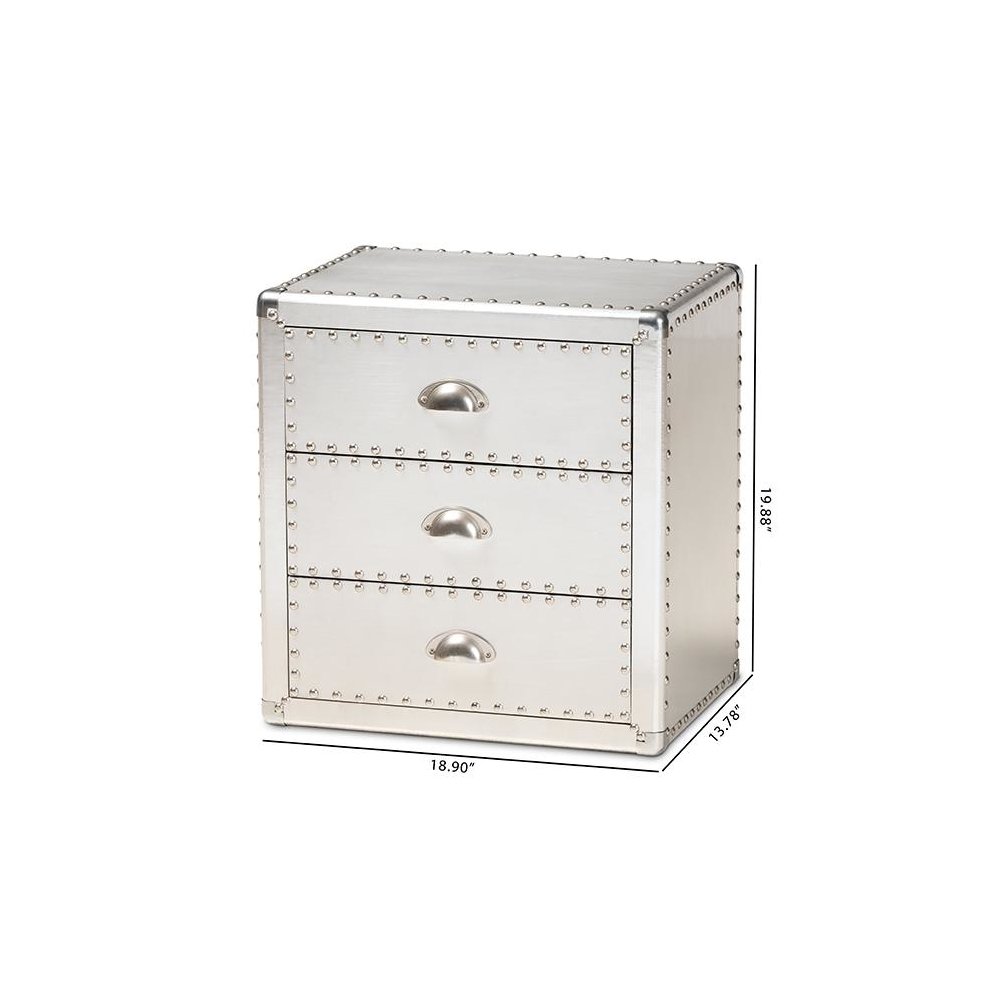Baxton Studio Armel French Industrial Silver Metal 3-Drawer Nightstand
