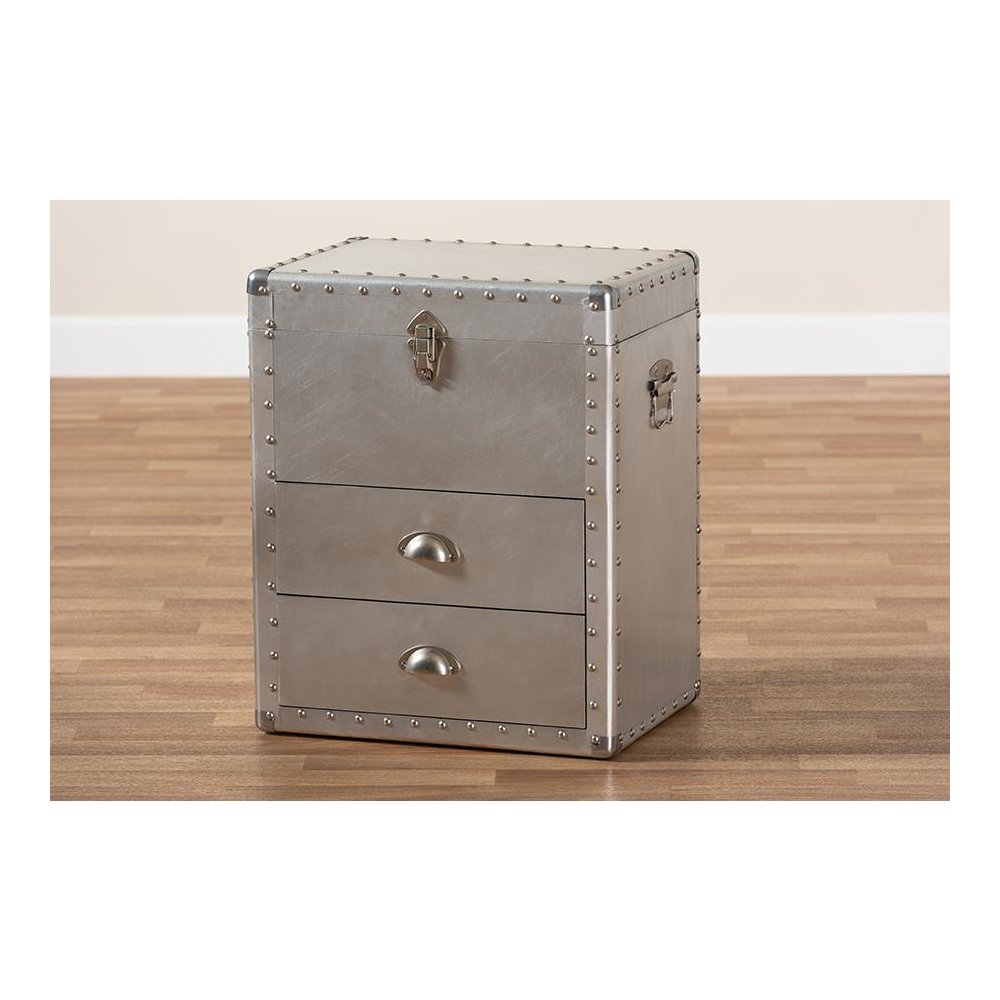 Serge French Industrial Silver Metal 2-Drawer Accent Storage Cabinet