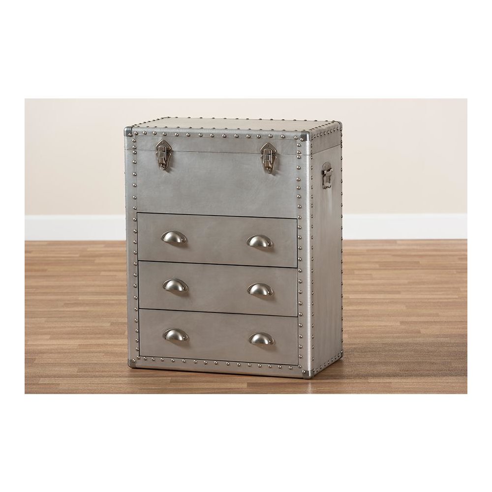 Serge French Industrial Silver Metal 3-Drawer Accent Storage Cabinet