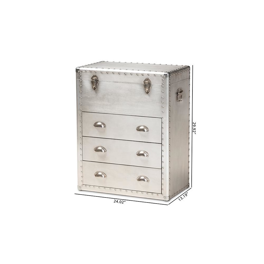 Serge French Industrial Silver Metal 3-Drawer Accent Storage Cabinet