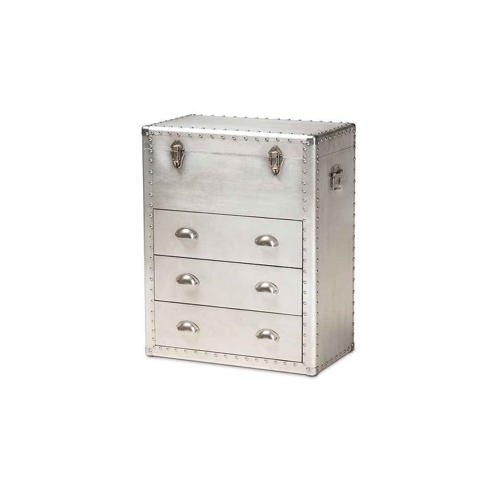 Serge French Industrial Silver Metal 3-Drawer Accent Storage Cabinet