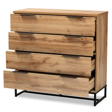 Reid Modern and Contemporary Industrial Oak Finished Wood and Black Metal 4-Drawer Dresser