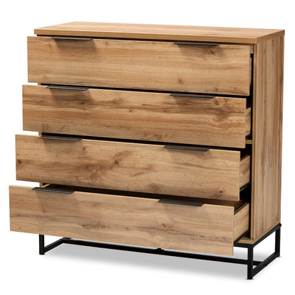 Reid Modern and Contemporary Industrial Oak Finished Wood and Black Metal 4-Drawer Dresser