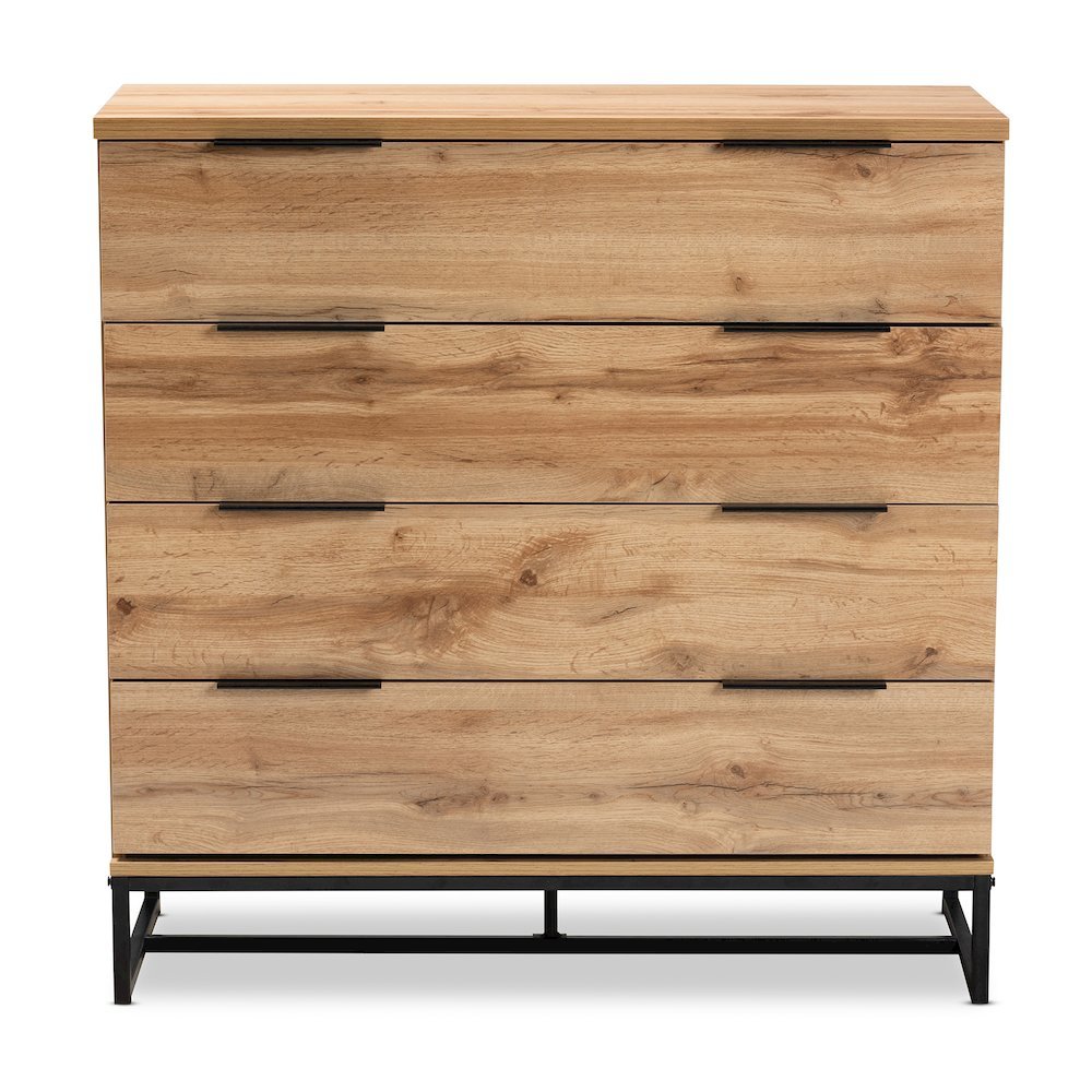 Reid Modern and Contemporary Industrial Oak Finished Wood and Black Metal 4-Drawer Dresser