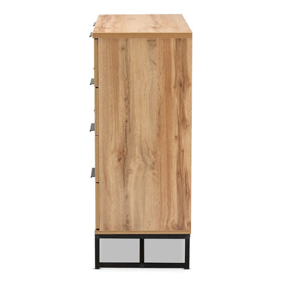 Reid Modern and Contemporary Industrial Oak Finished Wood and Black Metal 4-Drawer Dresser