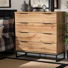 Reid Modern and Contemporary Industrial Oak Finished Wood and Black Metal 4-Drawer Dresser
